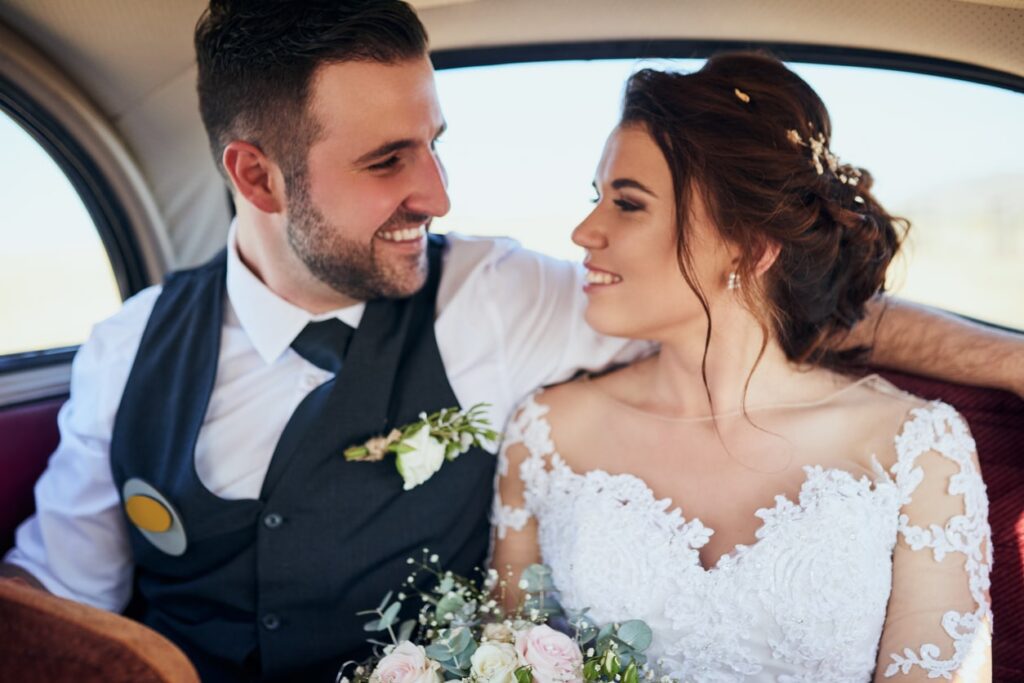 Wedding Car Etiquette | Elect Chauffeurs bride and groom in wedding car after marriage
